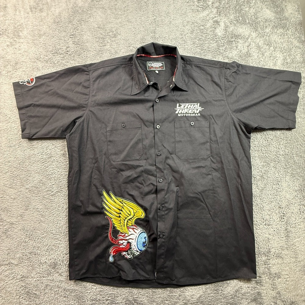 Lethal Threat Motorgear Mens XL Black Button Up Work Shirt Embroidered Eye Patch
